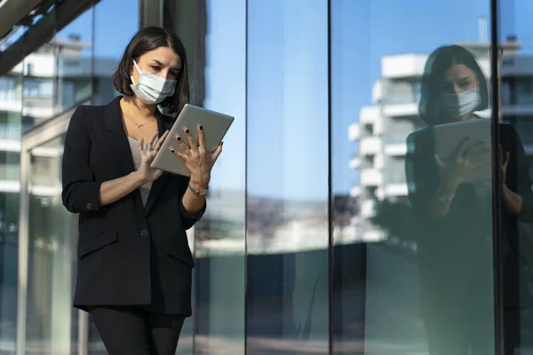 Woman is working with mask because of pandemic