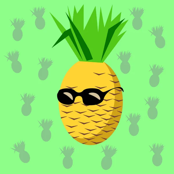 Г-н ананас. Жовтий ананас в сонцезахисні окуляри з зеленим фоном — стоковий вектор