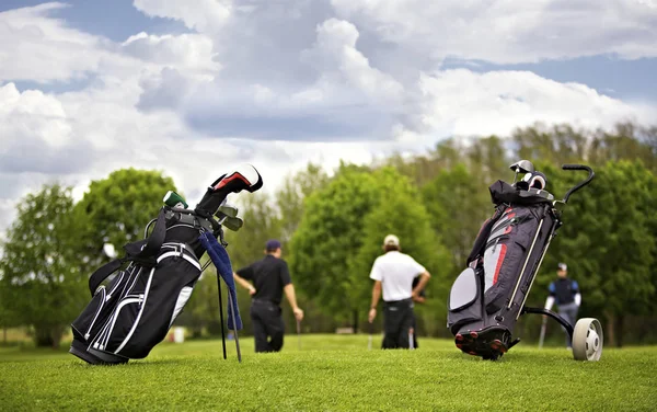 Dois Sacos Golfe Frente Grupo Jogadores Golfe Colocando Verde — Fotografia de Stock