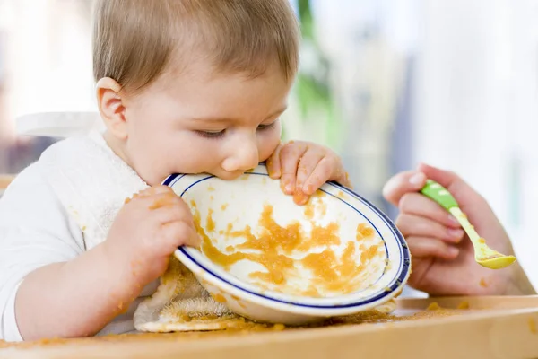 Sweet messy baby boy biting plate after eating the food.