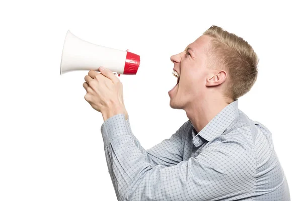 Empresário furioso gritando com megafone . — Fotografia de Stock