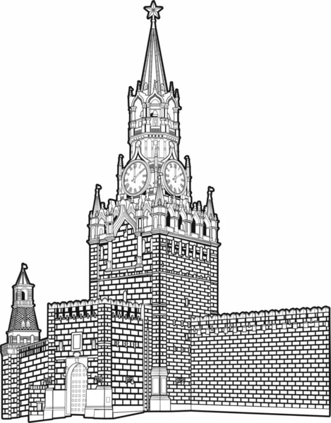 Moskova Spasskaya Kulesi Vektör Görüntüsü Çizilmiş Yüksek Detay Lazer Gravür Stok Illüstrasyon