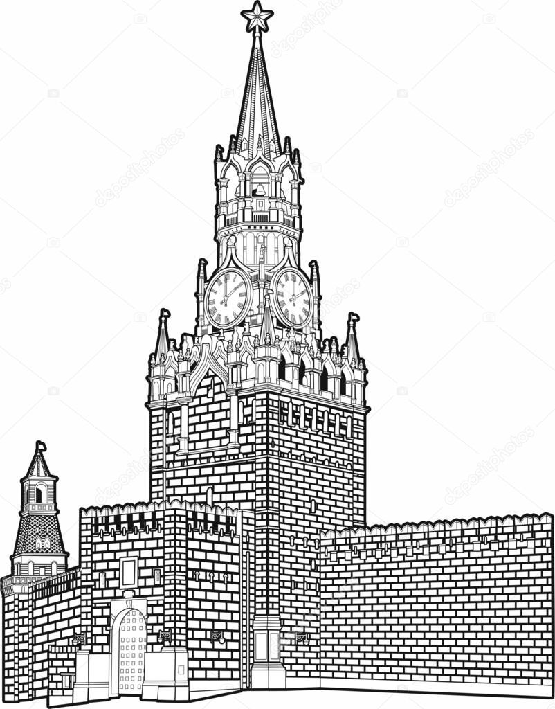 Moscow Spasskaya Tower vector image of hand-drawn high-detail, for laser engraving, line without intersections