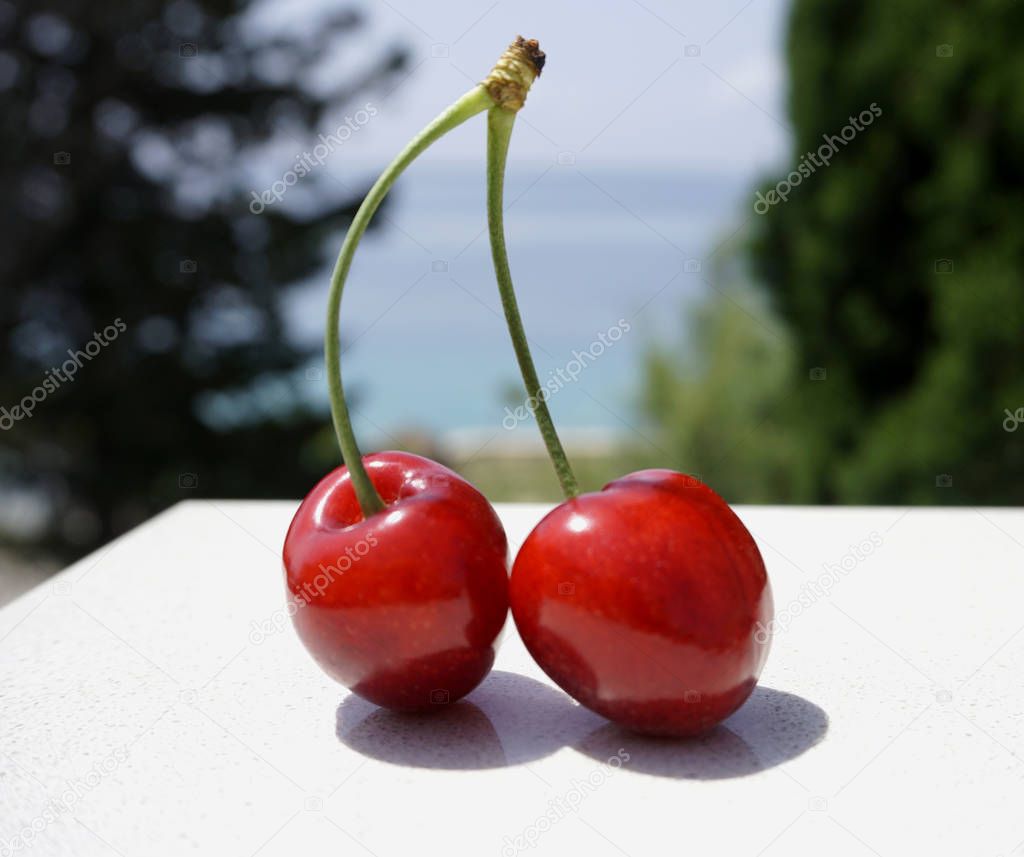Close up two cherry fruit in the outside, with seascape on the background