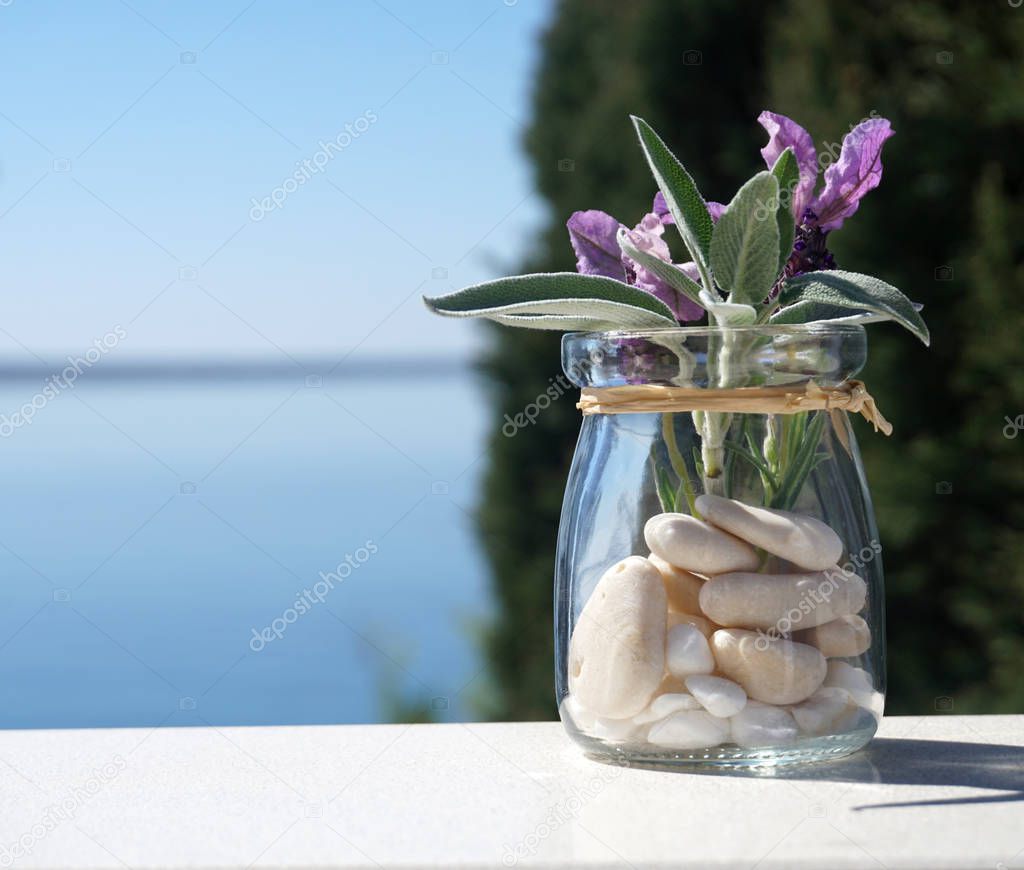 Leaves of young sage plant and flowers of lavender in a little jar with blue sea and nature background