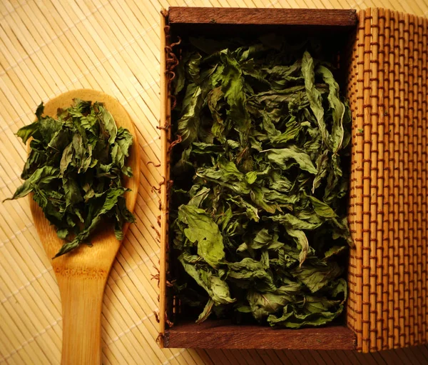 Organik bitki taze ve sağlıklı çay yapmak için hazırlanan ahşap bambu kaşık ve kutu, kuru nane yaprakları