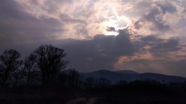 Ağaçların üzerinde bahar bulutlarının zaman tur hareketi