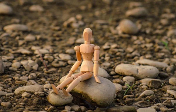 Articulated Little Man Sitting Stone River — Stock Photo, Image