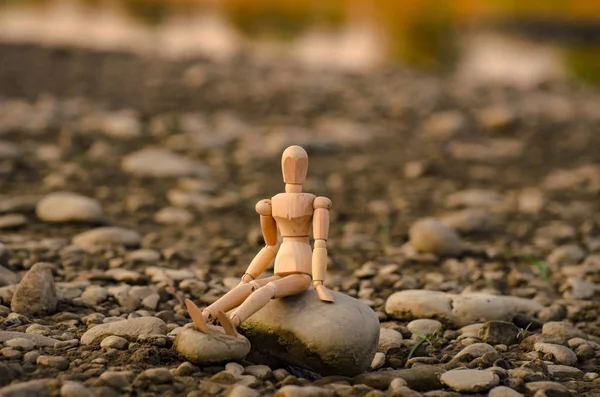 Articulated Little Man Sitting Stone River — Stock Photo, Image