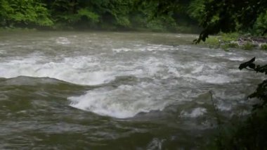 Fırtınadan sonra sislerin arasında akan dağ nehri.