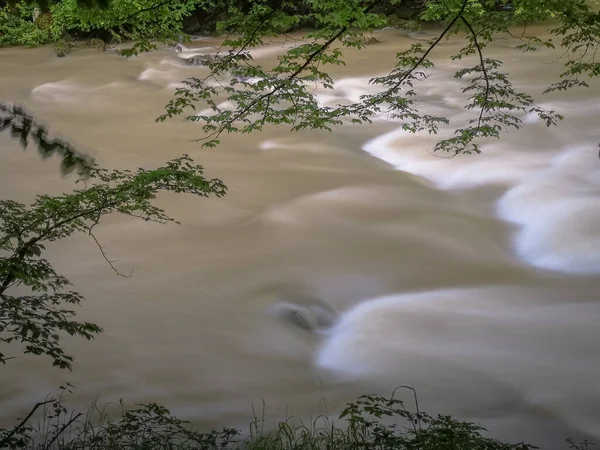 Fırtınadan Sonra Sislerin Arasında Akan Dağ Nehri — Stok fotoğraf