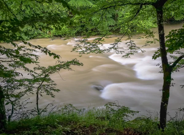 Fiume Montagna Che Scorre Nella Nebbia Dopo Temporale — Foto Stock