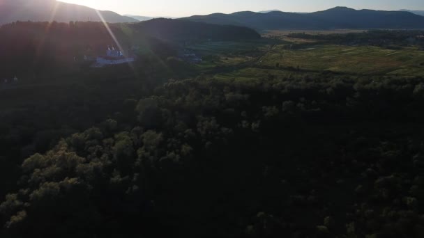 Aerial Shot Village Mountain Valley Monastery Sunset — Stock Video