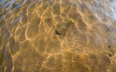 Bir dağ nehrinin şeffaf sularından oluşan güzel sahil dalgaları.