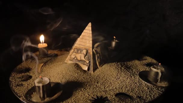 Still Life Burning Candles Ancient Egyptian Symbols — Stock Video