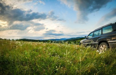 SUV yazın Karpatlar 'da seyahat eder.