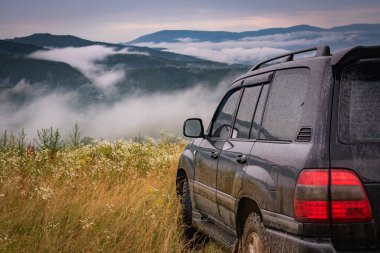 SUV başlıklı manzara yazın Karpatlar 'da seyahat ediyor