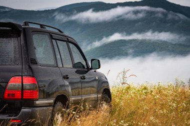 Fırtınalı yaz manzarası SUV ile Karpatlar