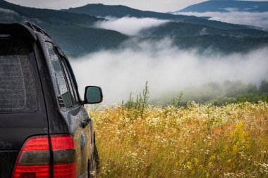 Fırtınalı yaz manzarası SUV ile Karpatlar