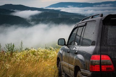 Fırtınalı yaz manzarası SUV ile Karpatlar