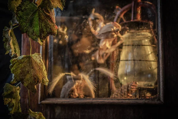 Herbststilleben Durch Ein Nasses Fenster — Stockfoto