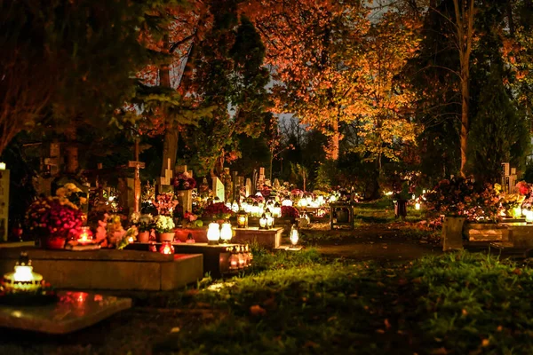 Christian Cemetery Lit Grave Lights Night Graveyard All Saints Day — Stock Photo, Image