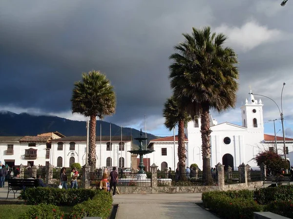 Chachapoyas Şehrinin Ana Meydanı Üzerinde Fırtınalı Bulutlar Palmiye Ağaçları Çeşme — Stok fotoğraf