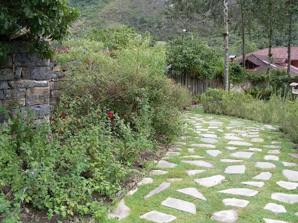 Grass and stone path at the entrance of the mummy museum of Leymebamba