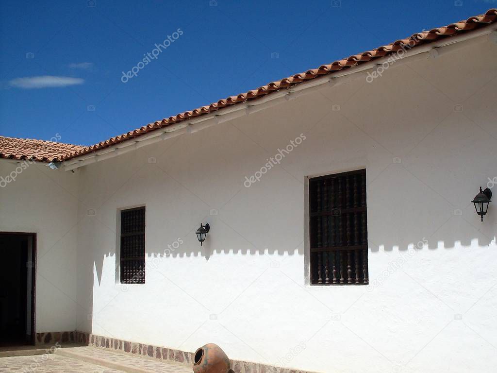 Inner courtyard and pitcher of the Historical and Religious Ethnic Museum of Santa Ana in sunny day