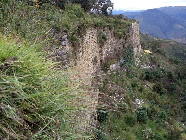 Muri Pietra Vegetazione Lussureggiante Della Facciata Della Fortezza Kuelap Vista — Foto Stock