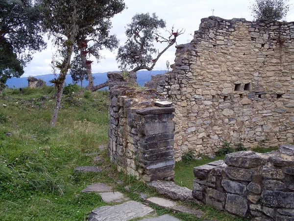 Üçüncü Kattaki Dairesel Bir Evin Kalıntıları Kuelap Kalesinin Tepesinde Bulutlu — Stok fotoğraf