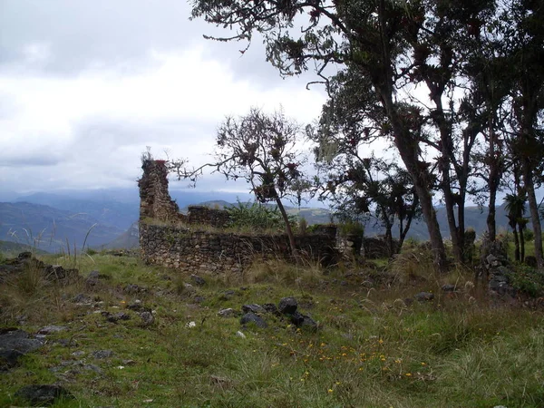 Ruines Une Maison Circulaire Forteresse Kuelap Ciel Nuageux Montagnes Végétation — Photo