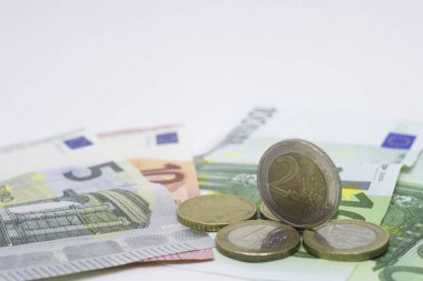 Gruplanmış Euro banknotlar ve madeni paralar. Beyaz arka planda para ve finans kavramı