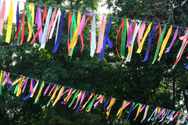 Festival sırasında büyük ağacın etrafında rüzgarda esen renkli kurdeleler. Meditasyon ve huzur