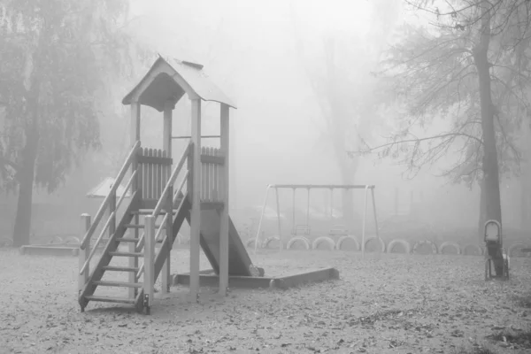 Empty Children Playground Foggy Autumn Morning City Park Foggy Morning — Stock Photo, Image