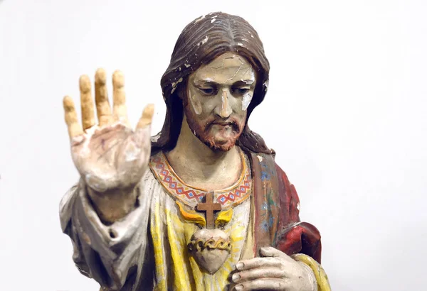 Jezus Chrystus Rzeźba Drewniana Barok Podniesiona Ręka Dla Ostrzeżenia — Zdjęcie stockowe