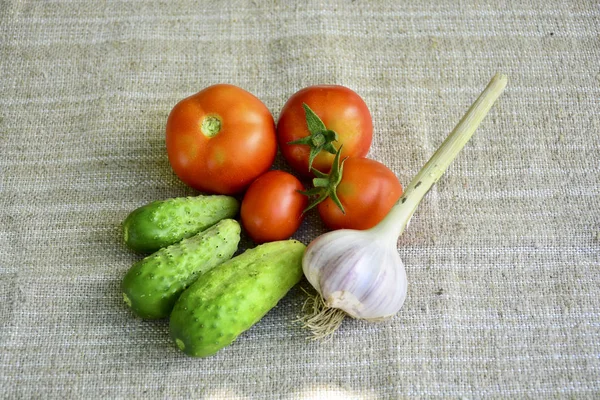 Légumes Frais Tomates Concombres Ail — Photo