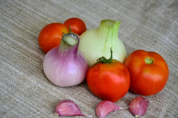 Verdure Fresche Pomodori Aglio Cipolle — Foto Stock