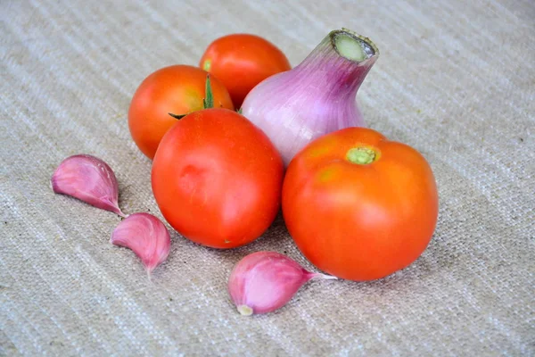 Frisches Gemüse Tomaten Knoblauch Zwiebeln — Stockfoto