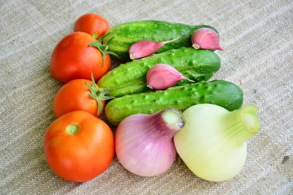 Sayuran Segar Tomat Mentimun Bawang Putih Bawang — Stok Foto