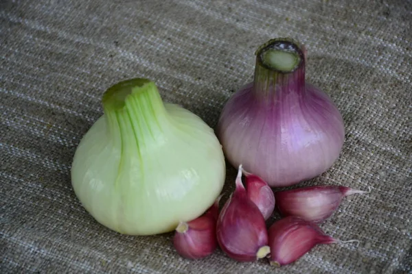 Świeże Warzywa Cebula Czosnek Żywność Składnik — Zdjęcie stockowe