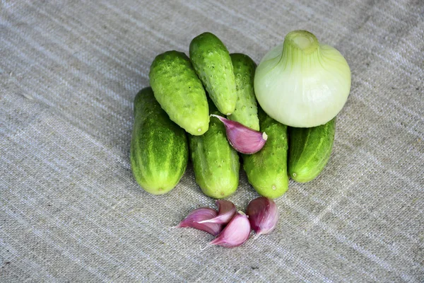 Verdure Fresche Cetrioli Cipolle Aglio Alimenti — Foto Stock