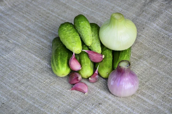 Verdure Fresche Cetrioli Cipolle Aglio Alimenti — Foto Stock