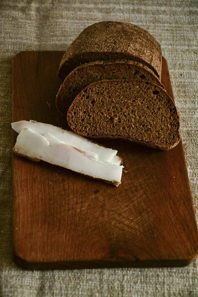 Freshly Baked Bread Wooden Cutting Board Bacon — Stock Photo, Image