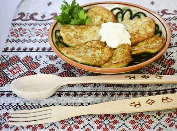 Traditional Slavic Cuisine Potato Pancakes Potato Pancakes Food Served Clay — Stock Photo, Image