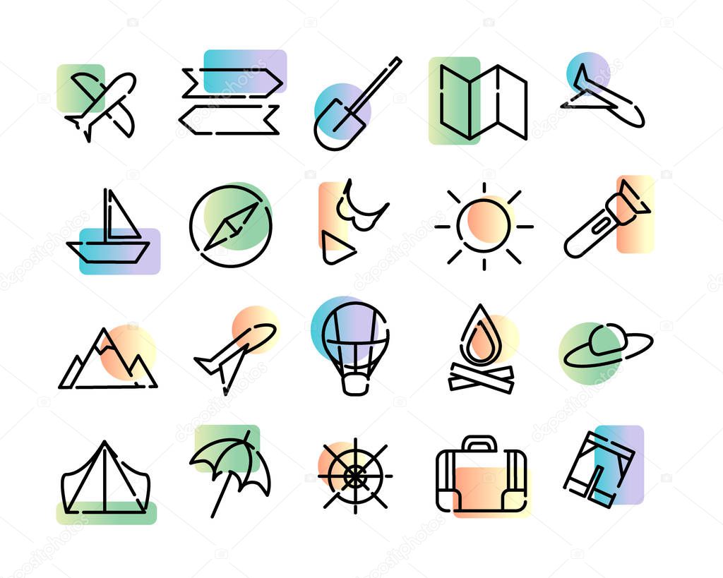 Simple set of vector icons of travel. Black dotted lines and colorful modern gradient on a white background. Map, sun, plane, beach, compas and more.