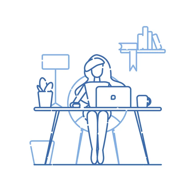 Oficina de trabajo. La chica se sienta a la mesa. En la mesa hay un ordenador portátil, lámpara, taza, cactus. Ilustración vectorial con línea azul. Gamma fría . — Vector de stock