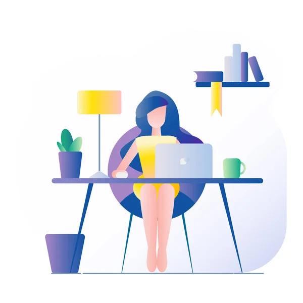 Oficina de trabajo. La chica se sienta a la mesa. En la mesa hay un ordenador portátil, lámpara, taza, cactus. Ilustración vectorial con relleno de gradiente. Gamma fría . — Vector de stock