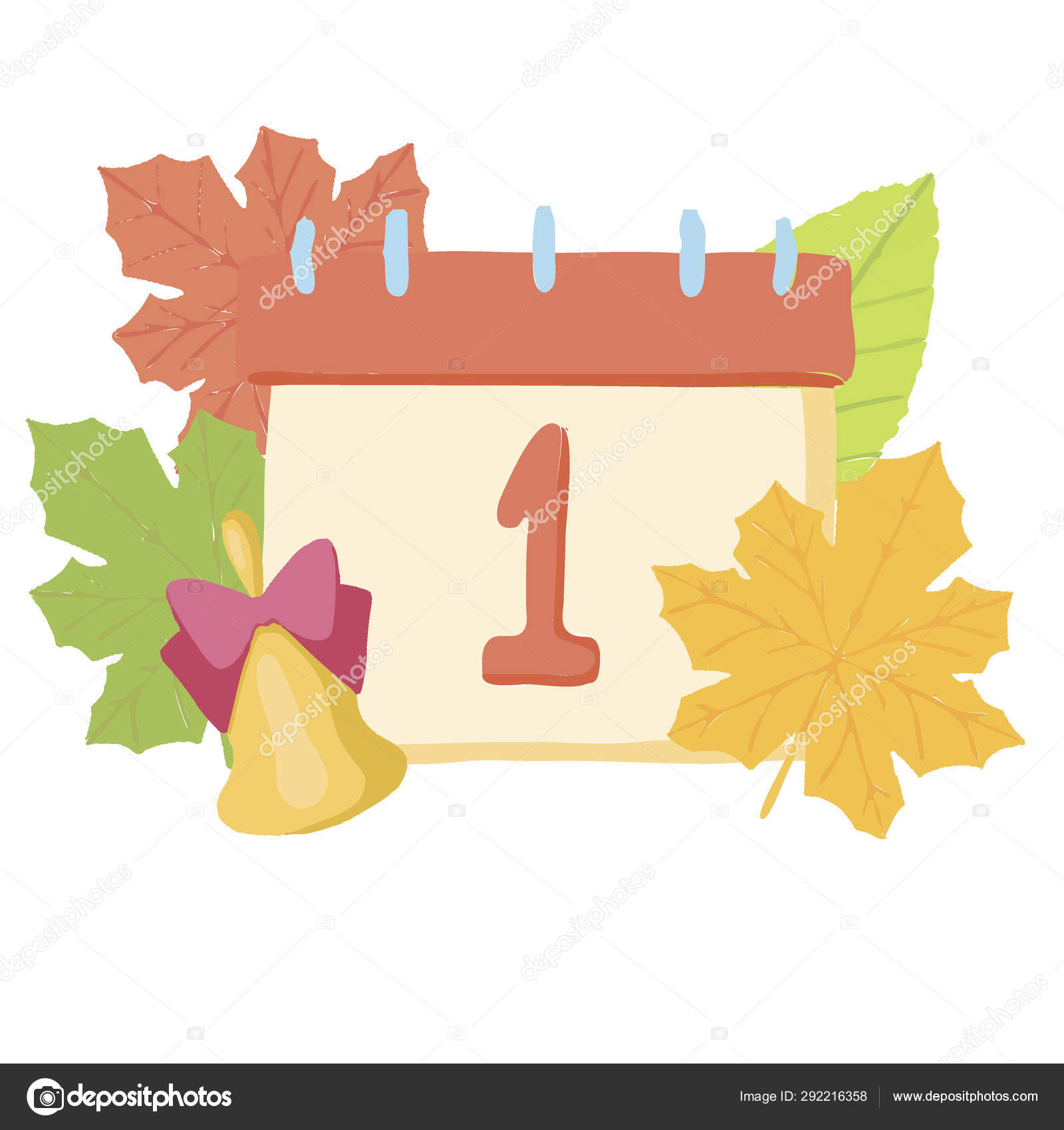秋历九月 黄色的叶子在白色背景与钟 回学校去矢量插图 图库矢量图像 C Roucart