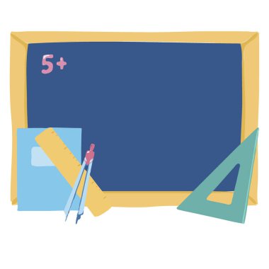 Beyaz arka plandaki okul nesneleri. Vektör illüstrasyon. Okul panosu, defter, kitap, kalem.